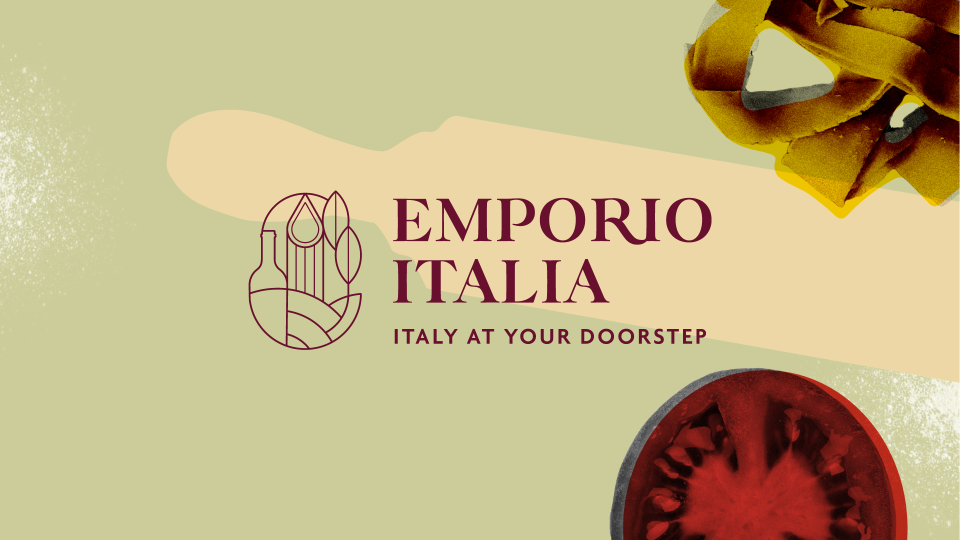 Emporio Italia banner, showing the shapes of a rolling pin, a tomato and of fresh pasta.